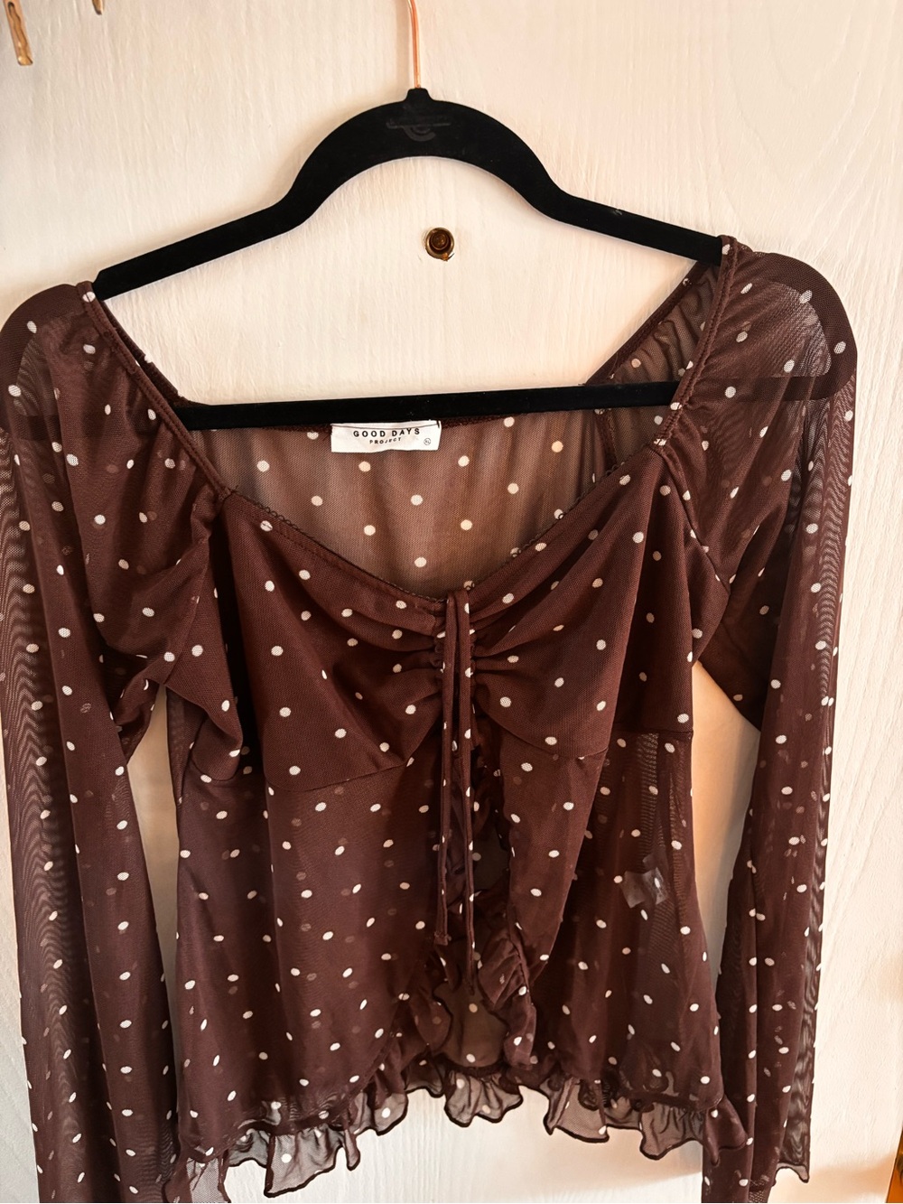 Mesh brown polka dot top